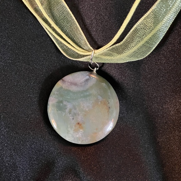 Natural Stone Pendant Ribbon Necklace - Picture 2 of 6